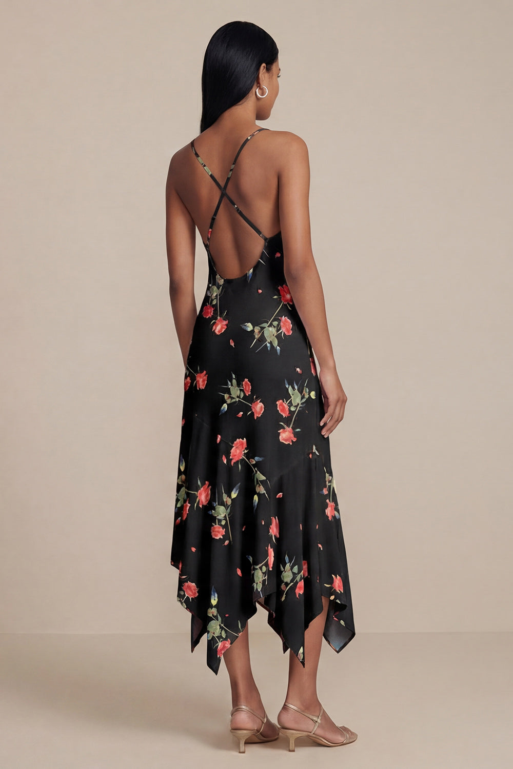 Black A-Line Chiffon V-Neck Printed Midi Floral Dress