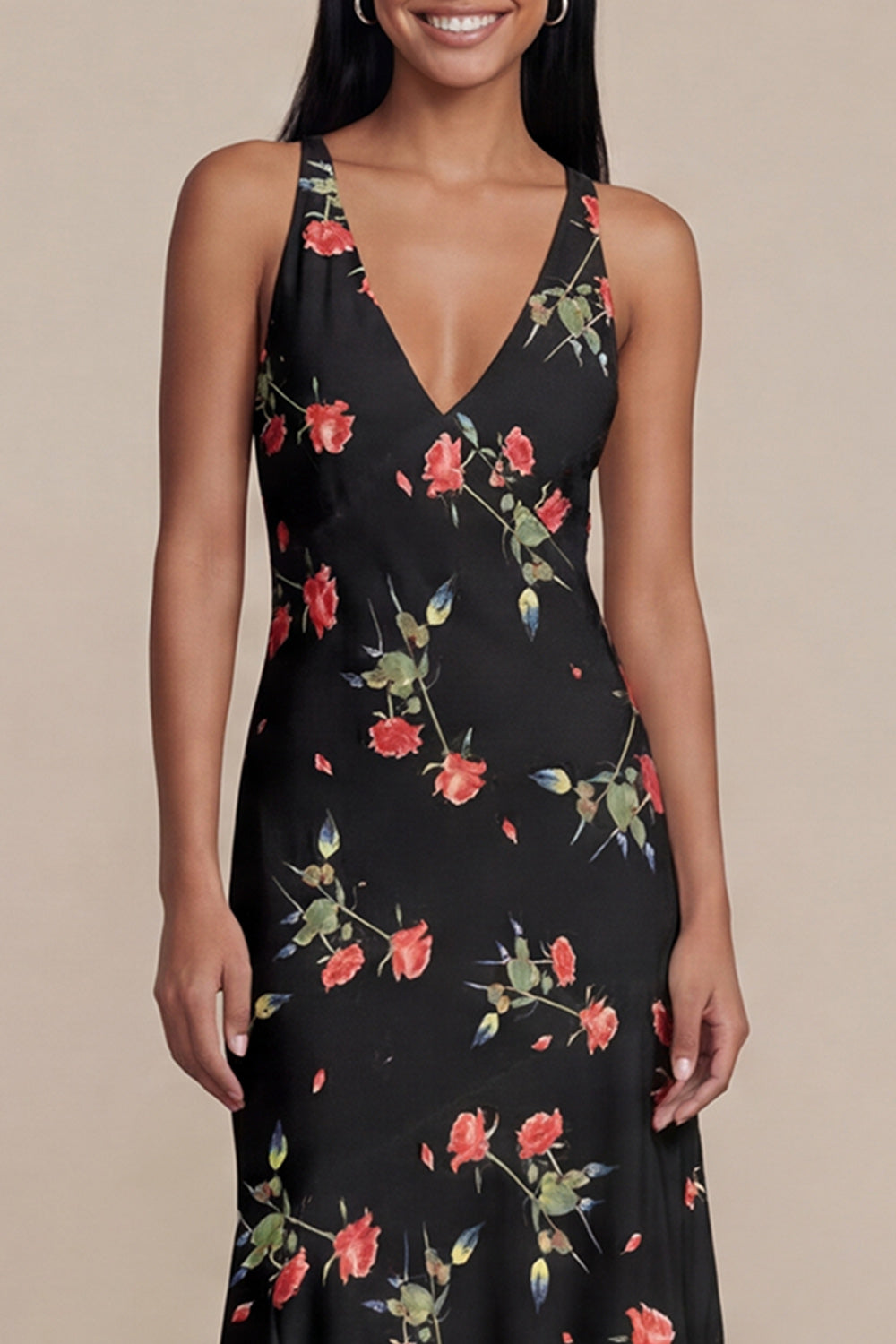 Black A-Line Chiffon V-Neck Printed Midi Floral Dress
