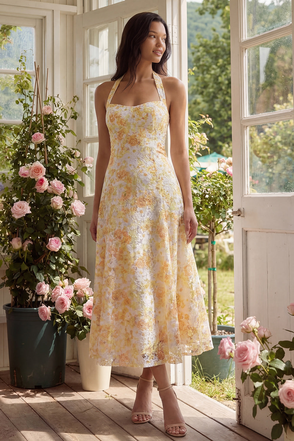 Lace Yellow Halter Neck Floral Sheath Midi Dress with Bow