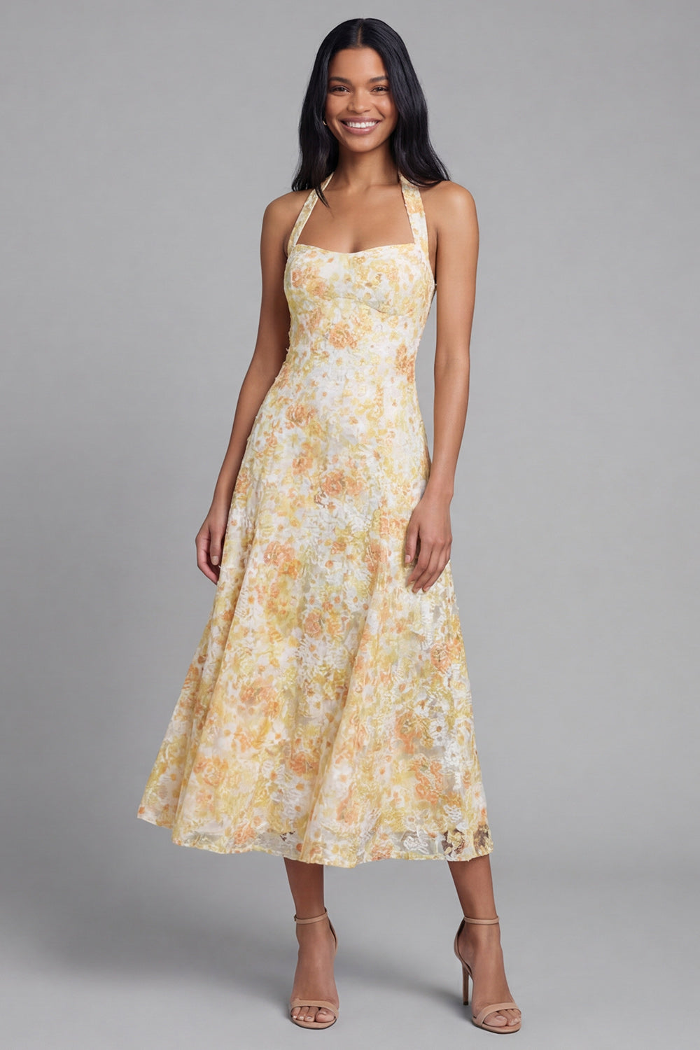 Lace Yellow Halter Neck Floral Sheath Midi Dress with Bow