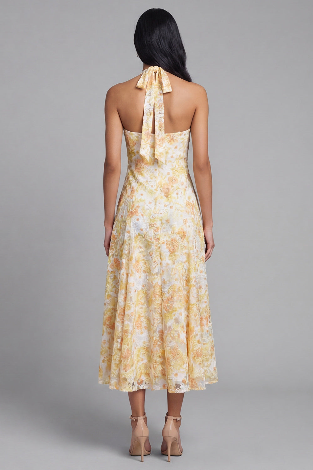 Lace Yellow Halter Neck Floral Sheath Midi Dress with Bow