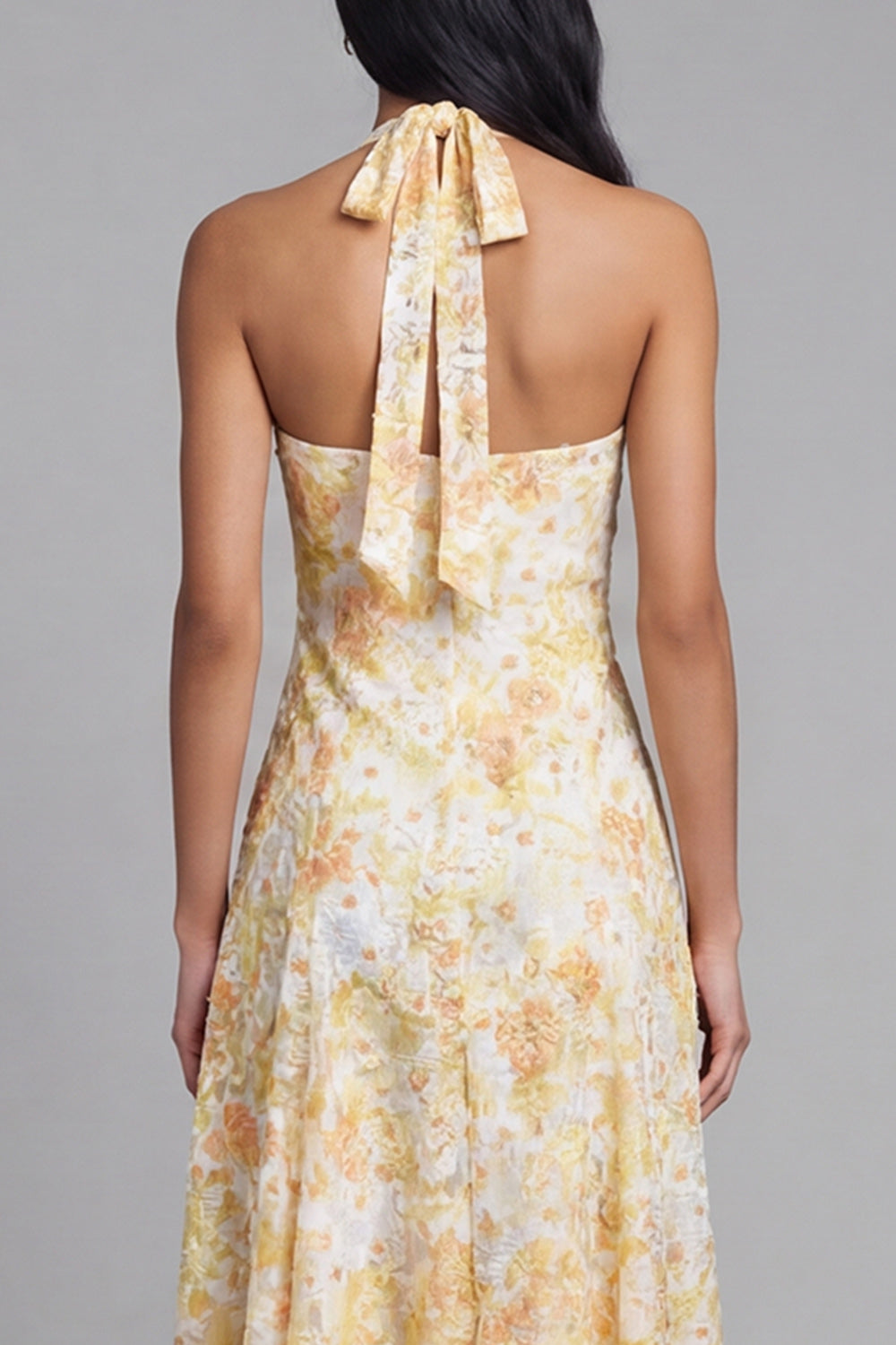 Lace Yellow Halter Neck Floral Sheath Midi Dress with Bow