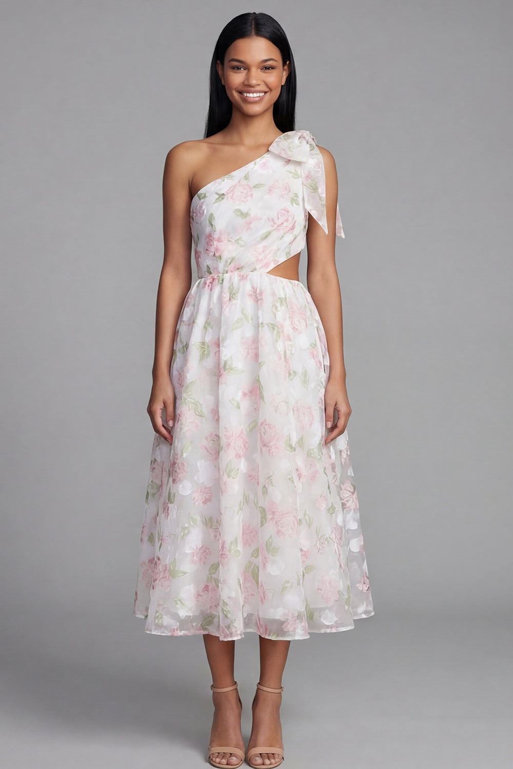 Robe trapèze asymétrique en mousseline florale blanche et rose à découpes et nœud