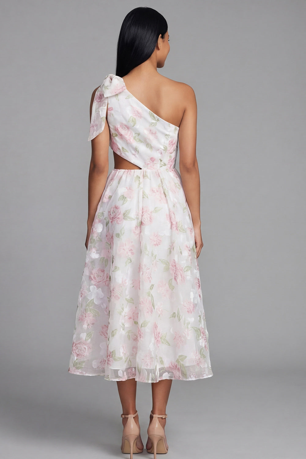 Robe trapèze asymétrique en mousseline florale blanche et rose à découpes et nœud