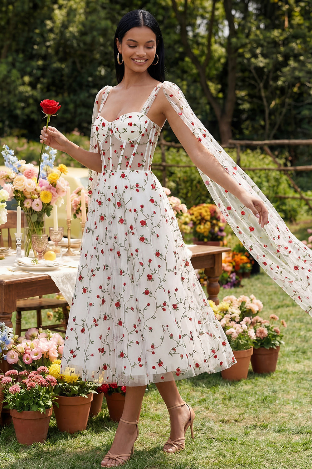 Ivory Red Flower Sheer Corset A-Line Midi Wedding Guest Dress