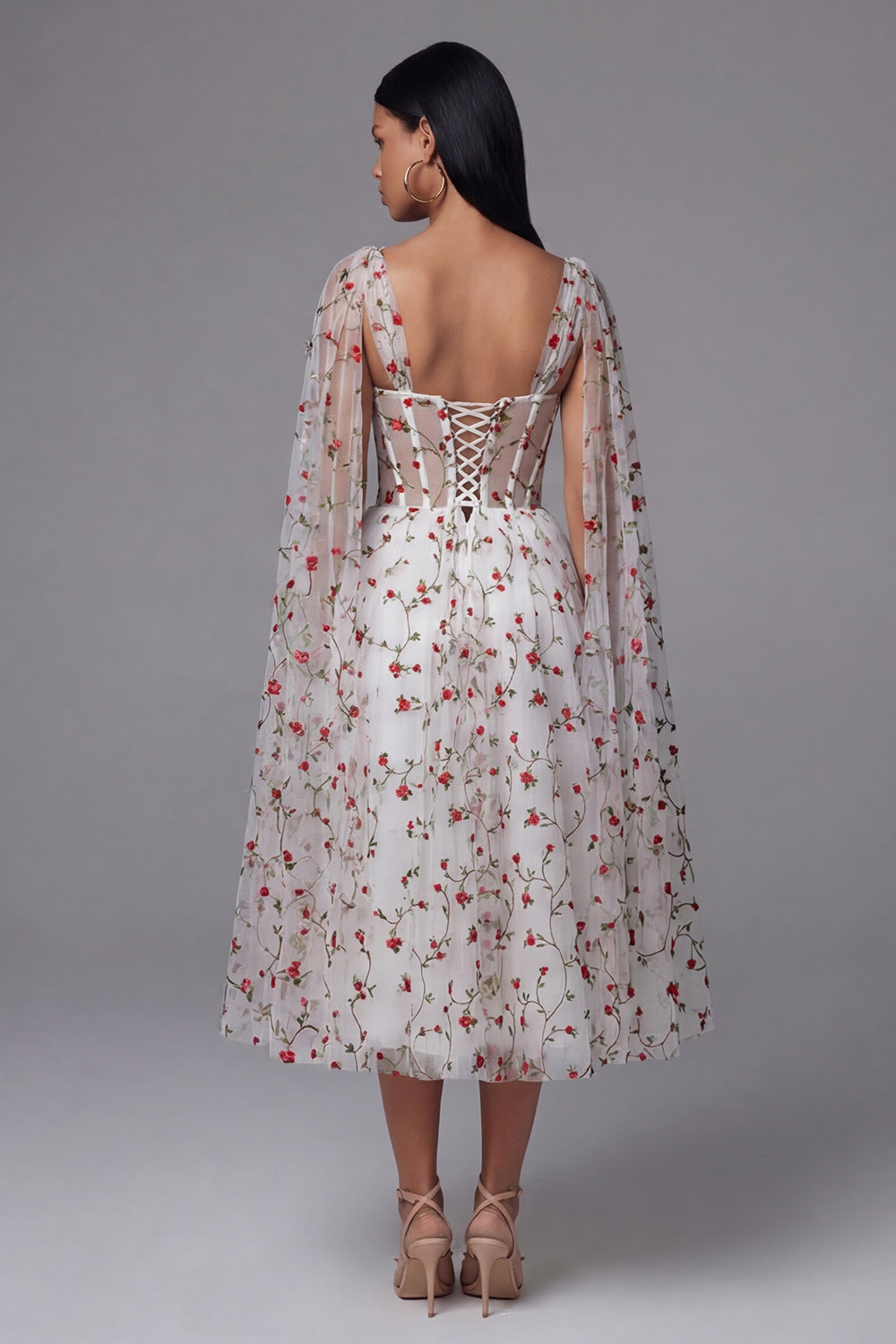 Ivory Red Flower Sheer Corset A-Line Midi Wedding Guest Dress