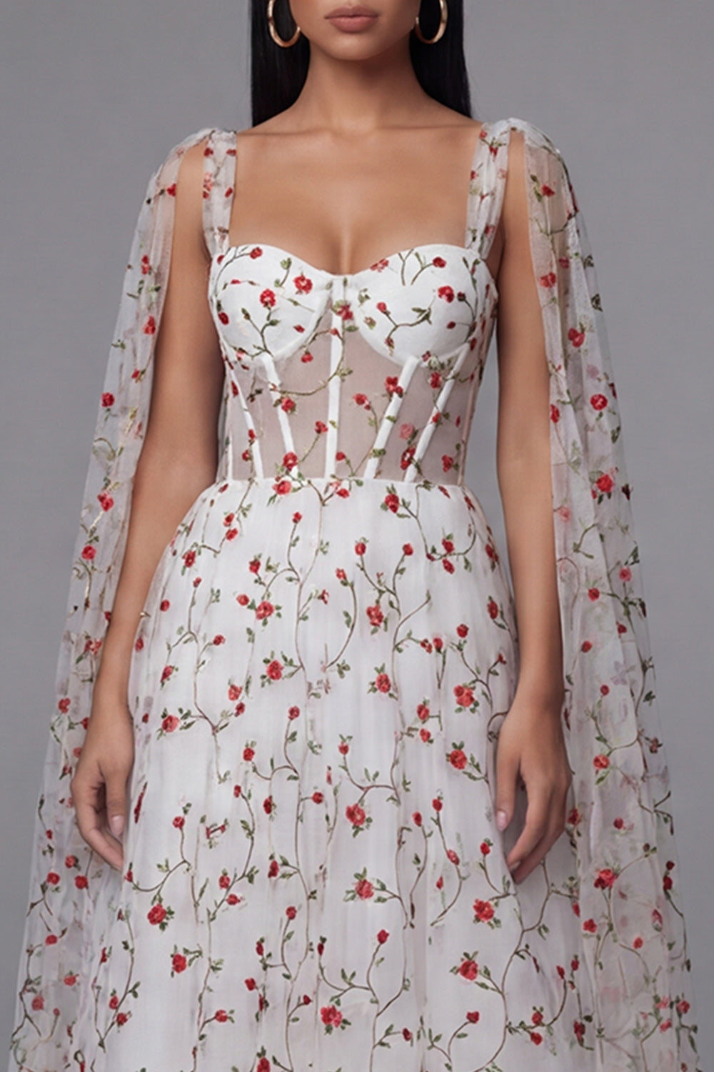 Ivory Red Flower Sheer Corset A-Line Midi Wedding Guest Dress