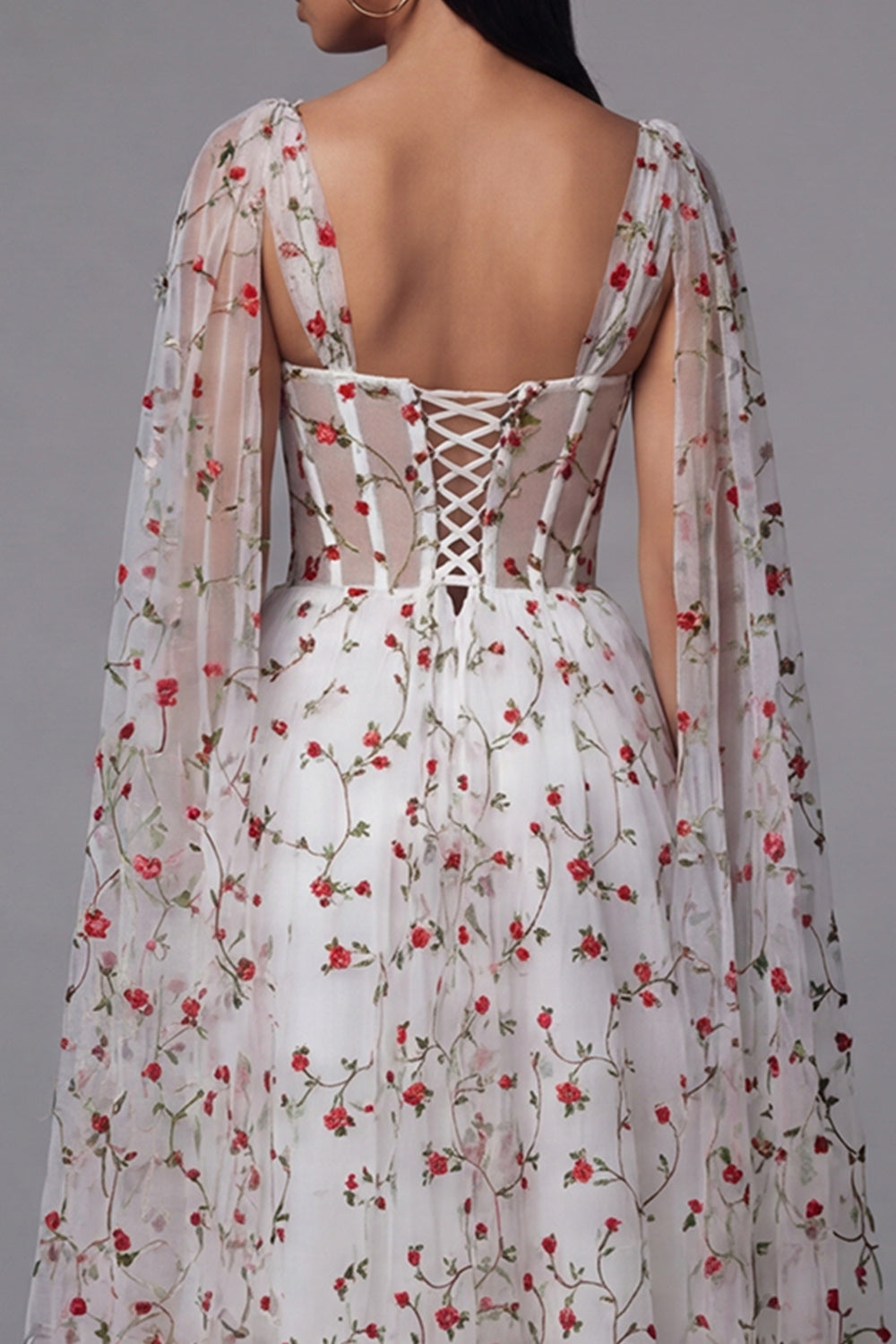 Ivory Red Flower Sheer Corset A-Line Midi Wedding Guest Dress