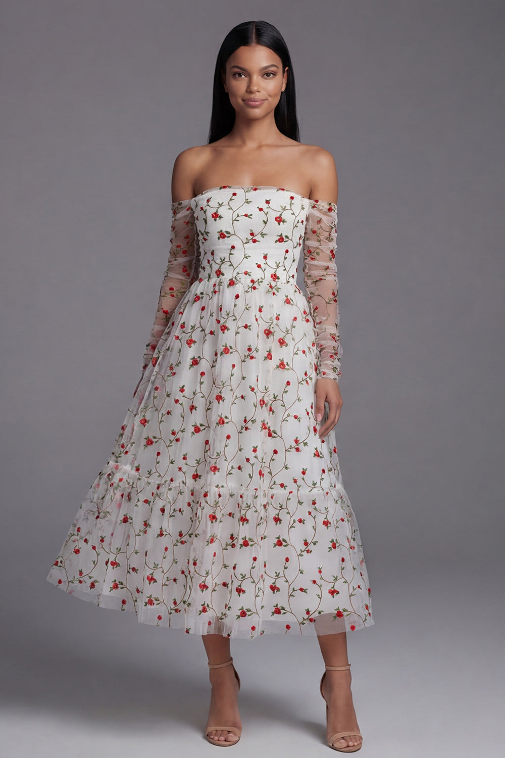 Vestido midi de invitada de boda sin tirantes, corte A, con flores rojas marfil y mangas transparentes