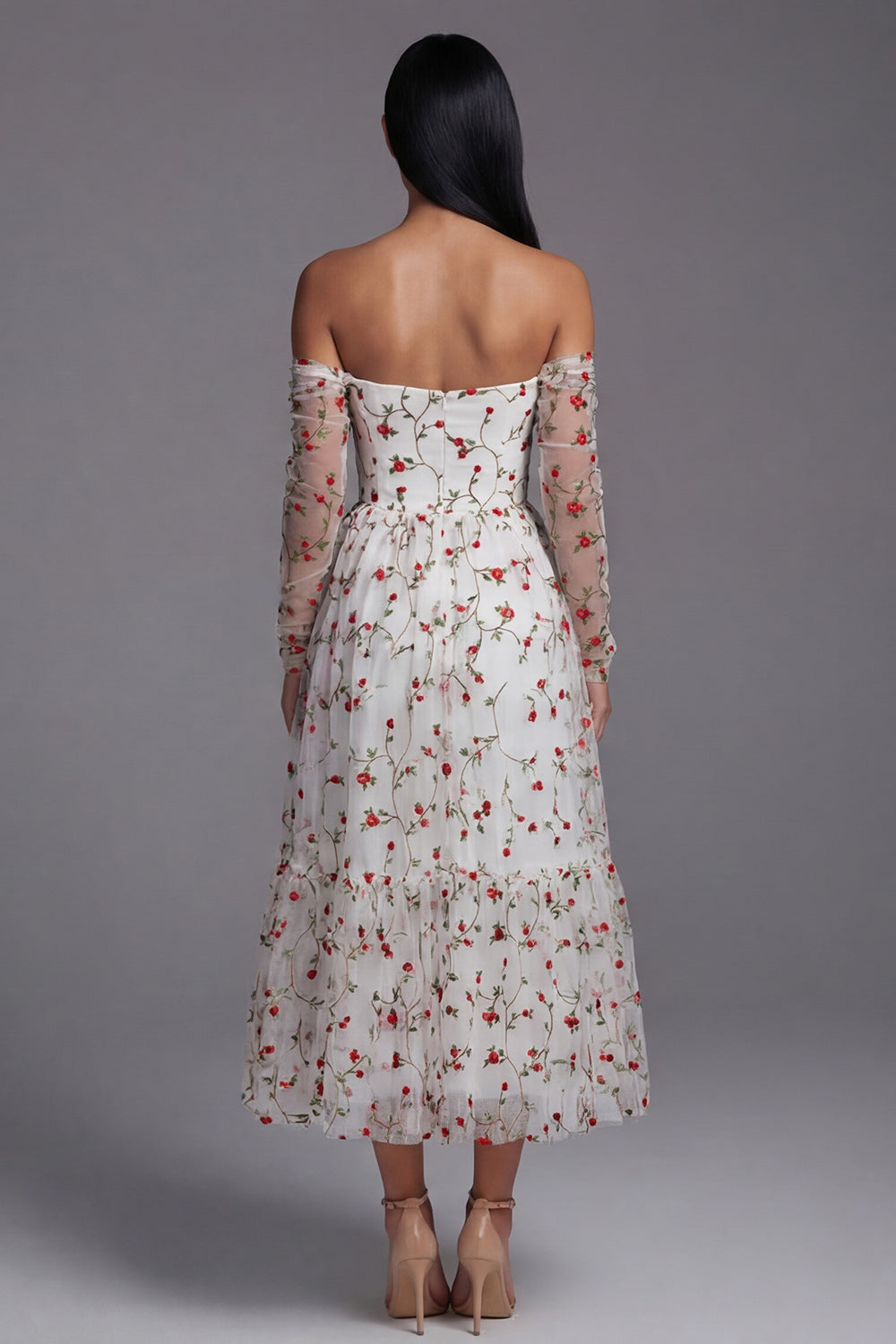 Vestido midi de invitada de boda sin tirantes, corte A, con flores rojas marfil y mangas transparentes