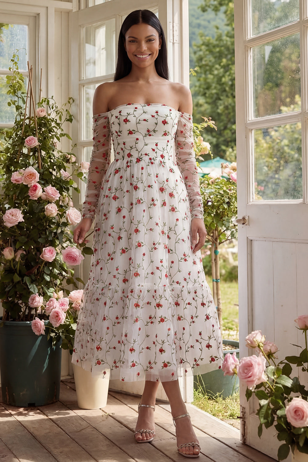 Vestido midi de invitada de boda sin tirantes, corte A, con flores rojas marfil y mangas transparentes