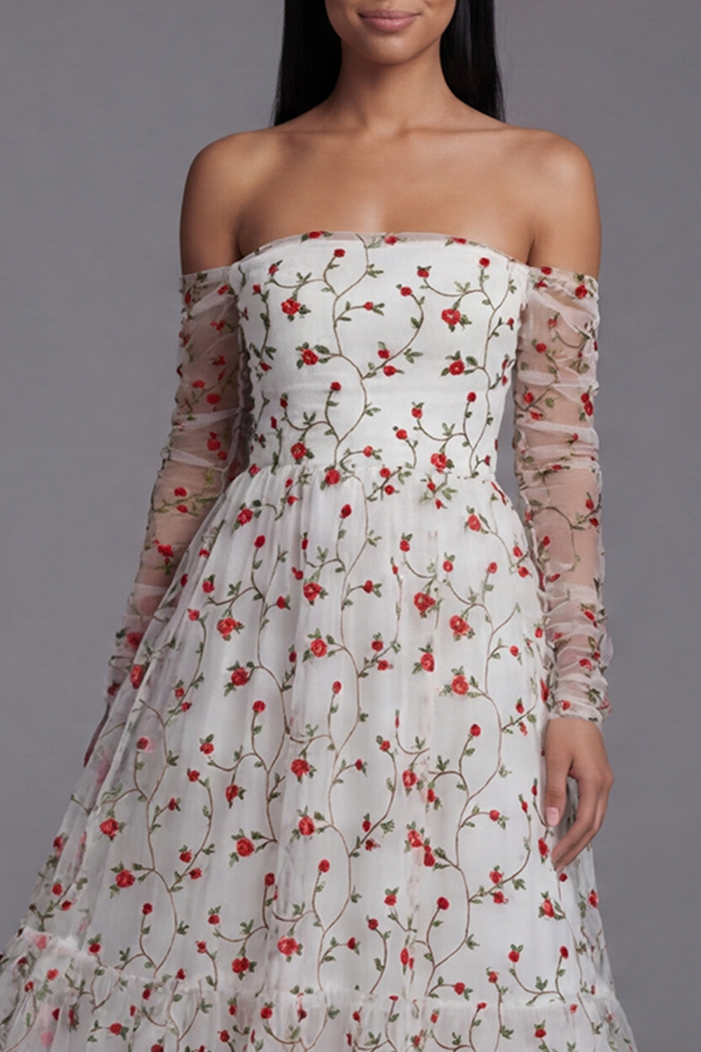 Vestido midi de invitada de boda sin tirantes, corte A, con flores rojas marfil y mangas transparentes