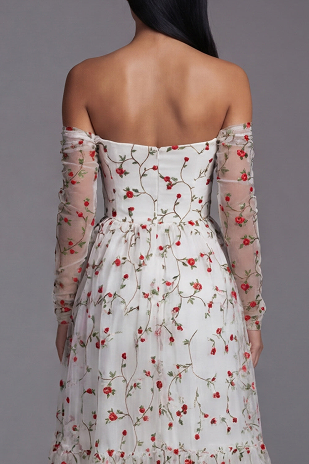 Vestido midi de invitada de boda sin tirantes, corte A, con flores rojas marfil y mangas transparentes