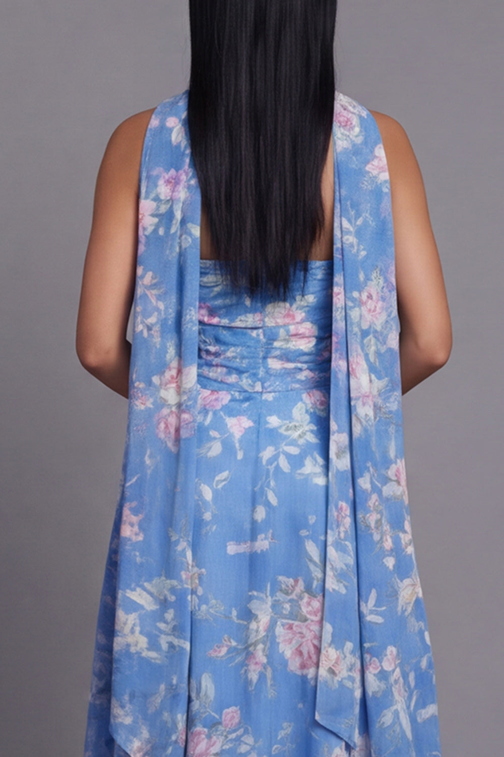 Sheath Strapless Chiffon Blue Floral Printed Midi Wedding Guest Dress with Neck Scarf