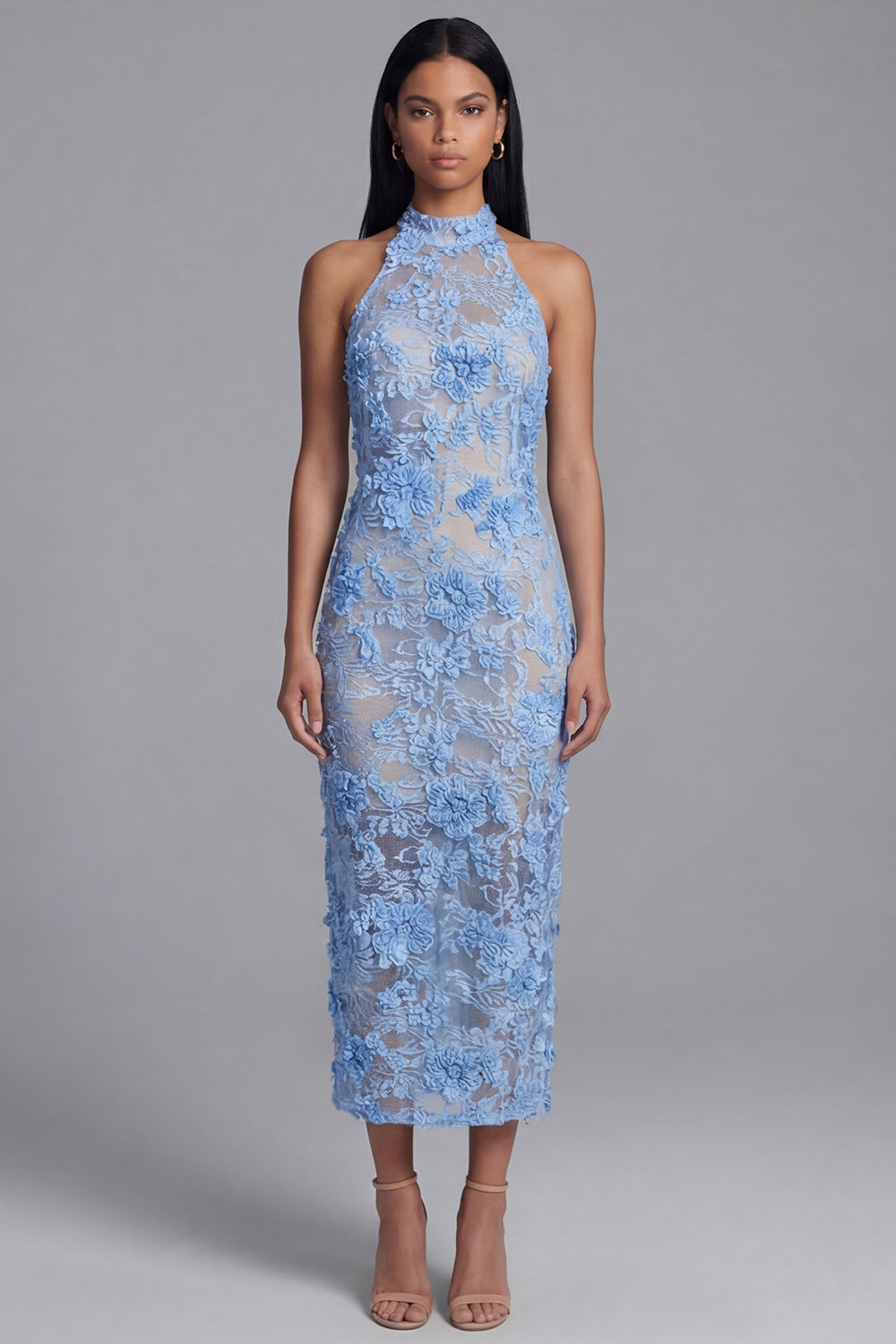 Blue Lace Halter Neck Bodycon Floral Long Wedding Guest Dress with Slit