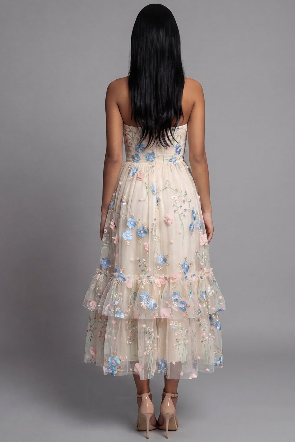 Robe midi trapèze Sweetheart en tulle Champagne à appliques florales