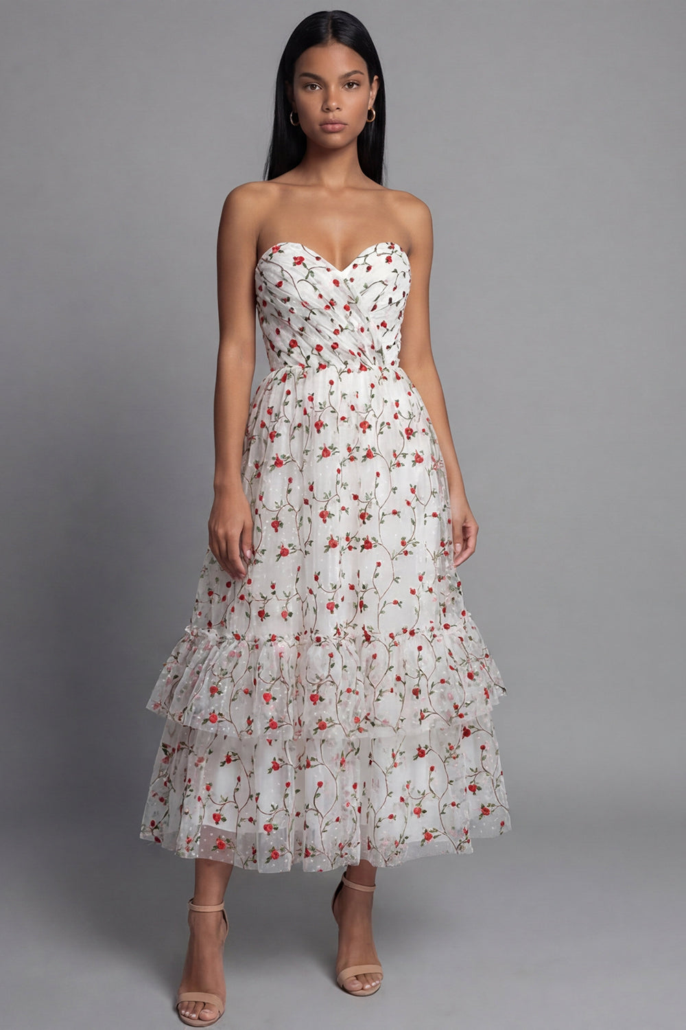Robe midi trapèze Sweetheart en tulle Champagne à appliques florales