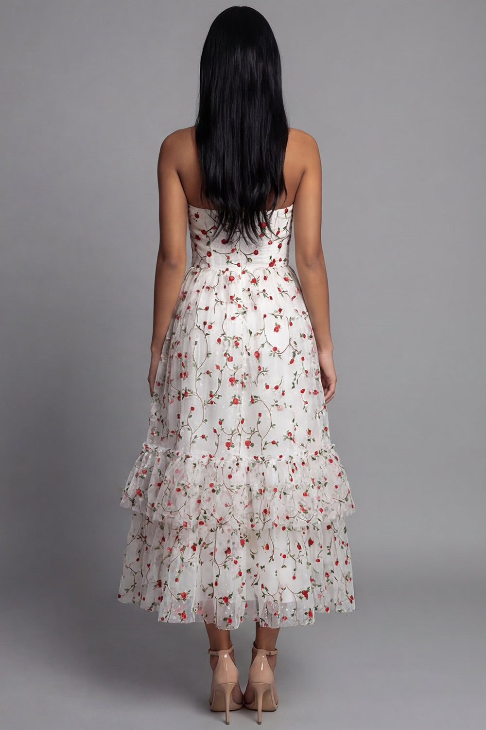 Robe midi trapèze Sweetheart en tulle Champagne à appliques florales