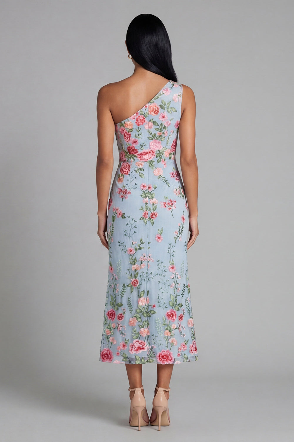Blue Pink Flower Tulle One Shoulder Sheath Floral Midi Dress