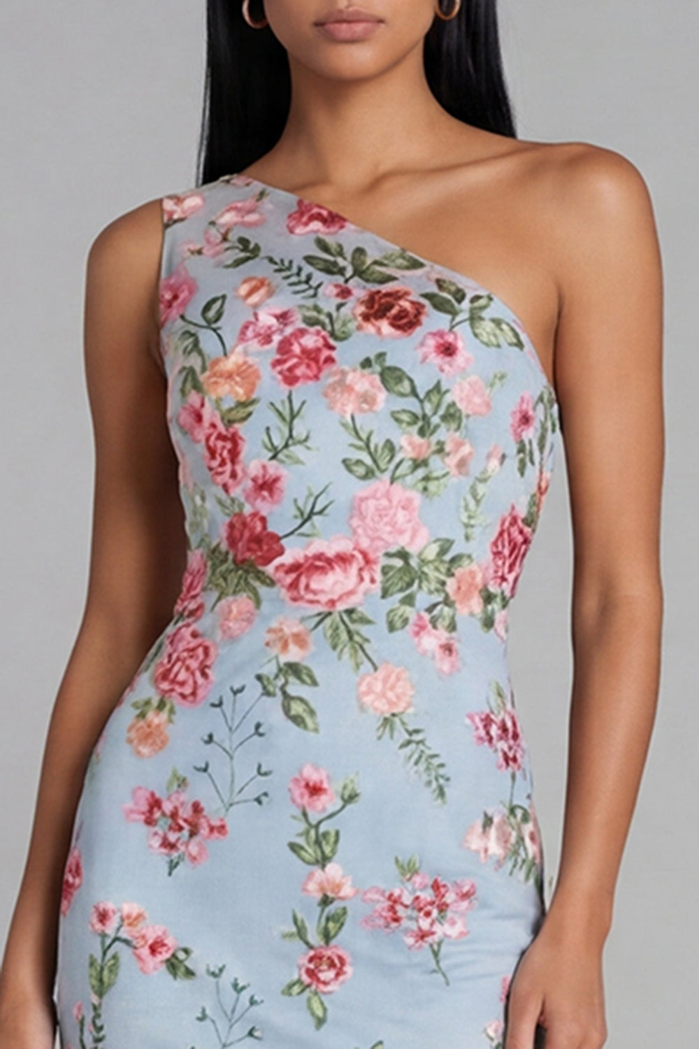 Blue Pink Flower Tulle One Shoulder Sheath Floral Midi Dress