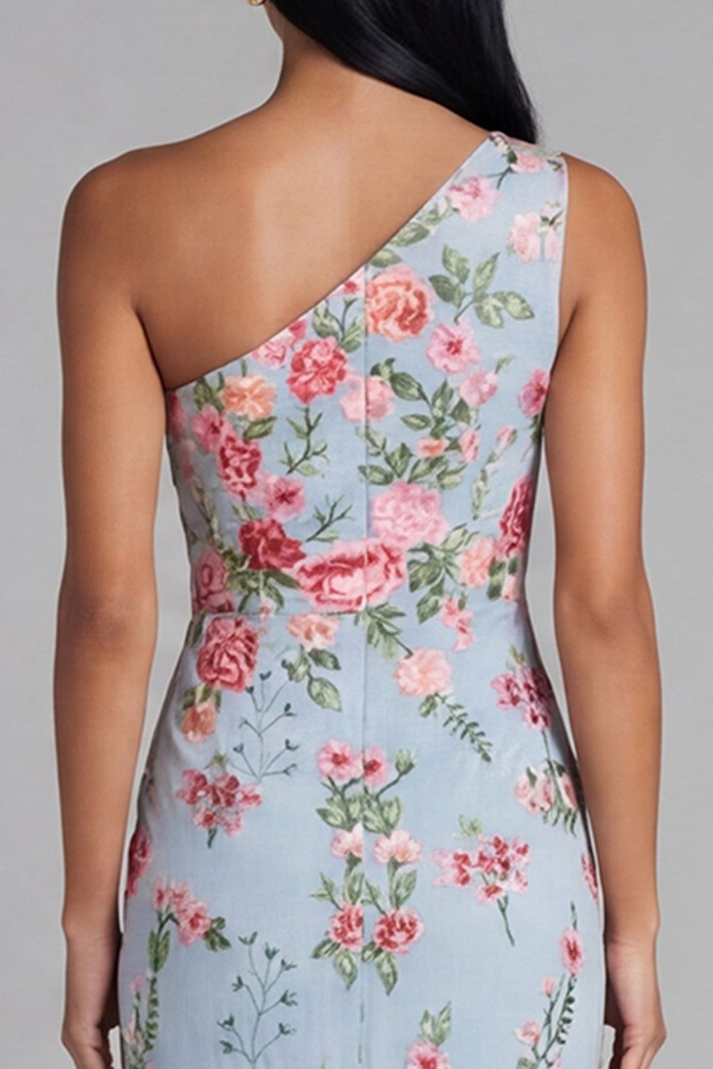Blue Pink Flower Tulle One Shoulder Sheath Floral Midi Dress