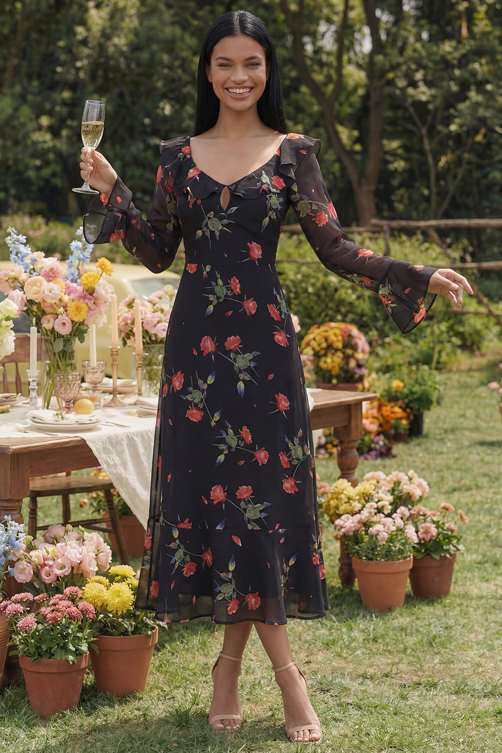 Black Tulle V-Neck Sheath Printed Floral Midi Dress with Long Sleeves