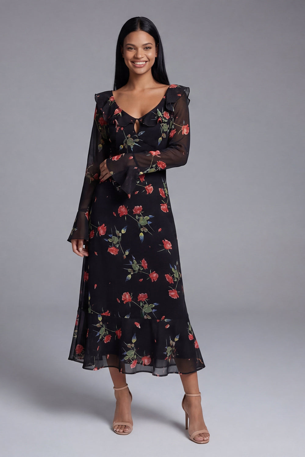 Black Tulle V-Neck Sheath Printed Floral Midi Dress with Long Sleeves