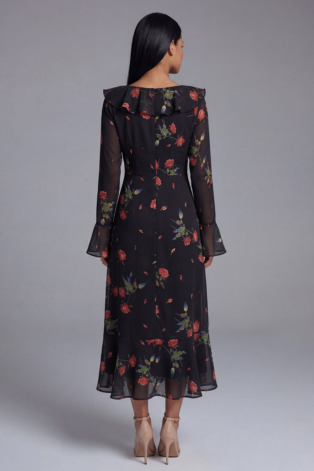 Black Tulle V-Neck Sheath Printed Floral Midi Dress with Long Sleeves
