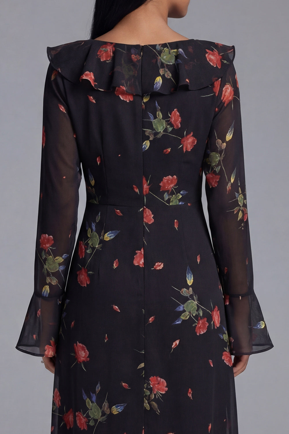 Black Tulle V-Neck Sheath Printed Floral Midi Dress with Long Sleeves