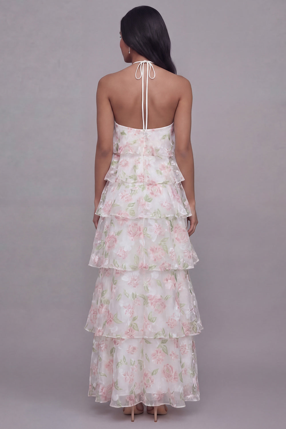 Halter Neck White Pink Flower Chiffon Sheath Tiered Printed Floral Dress