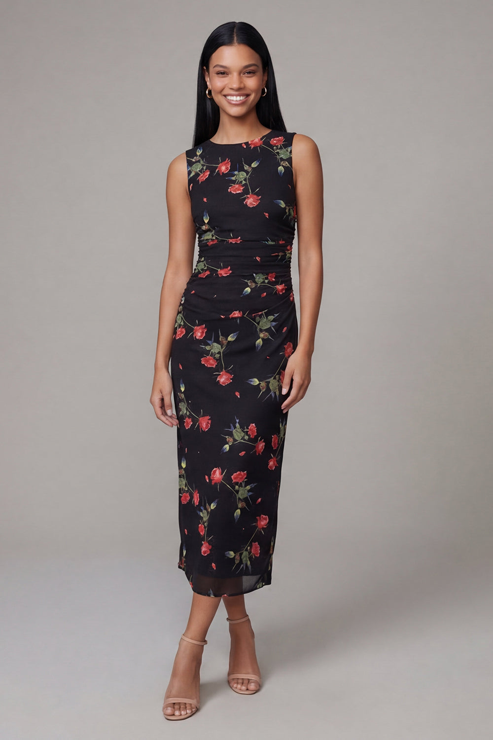 Black Bodycon Round Neck Chiffon Printed Floral Midi Dress