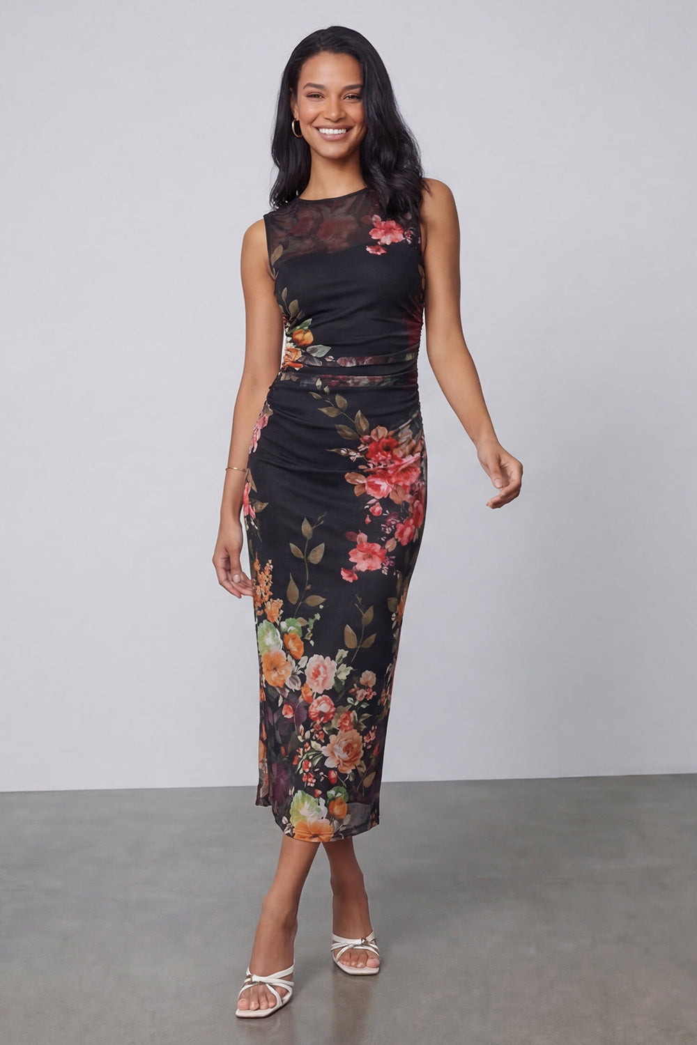 Tulle Black Bodycon Illusion Neck Printed Ruched Floral Midi Dress