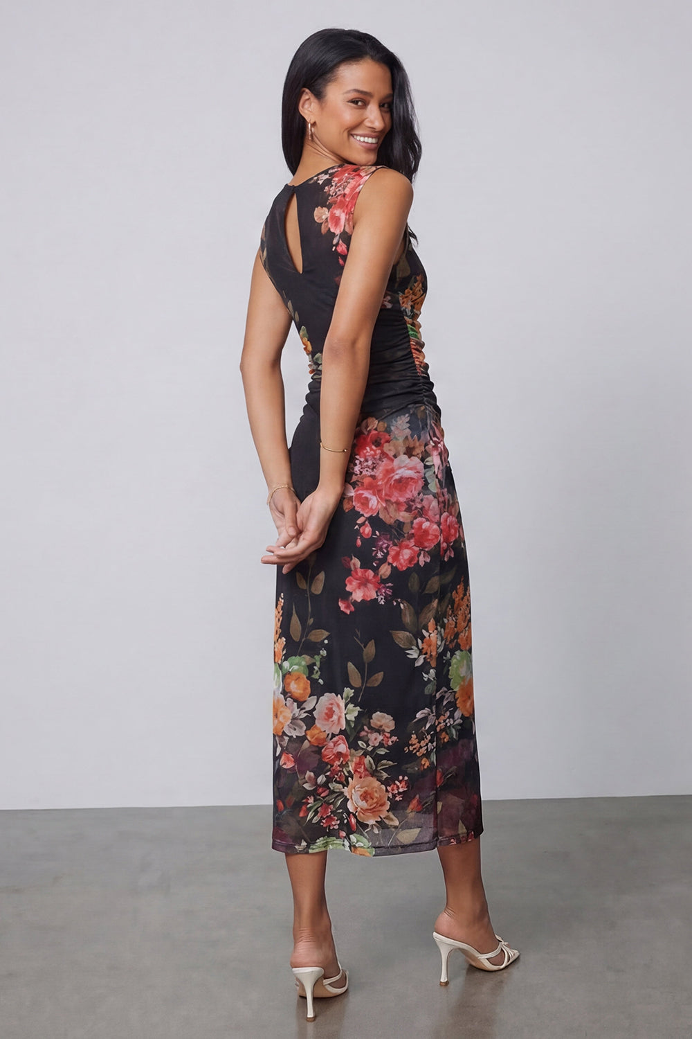 Tulle Black Bodycon Illusion Neck Printed Ruched Floral Midi Dress