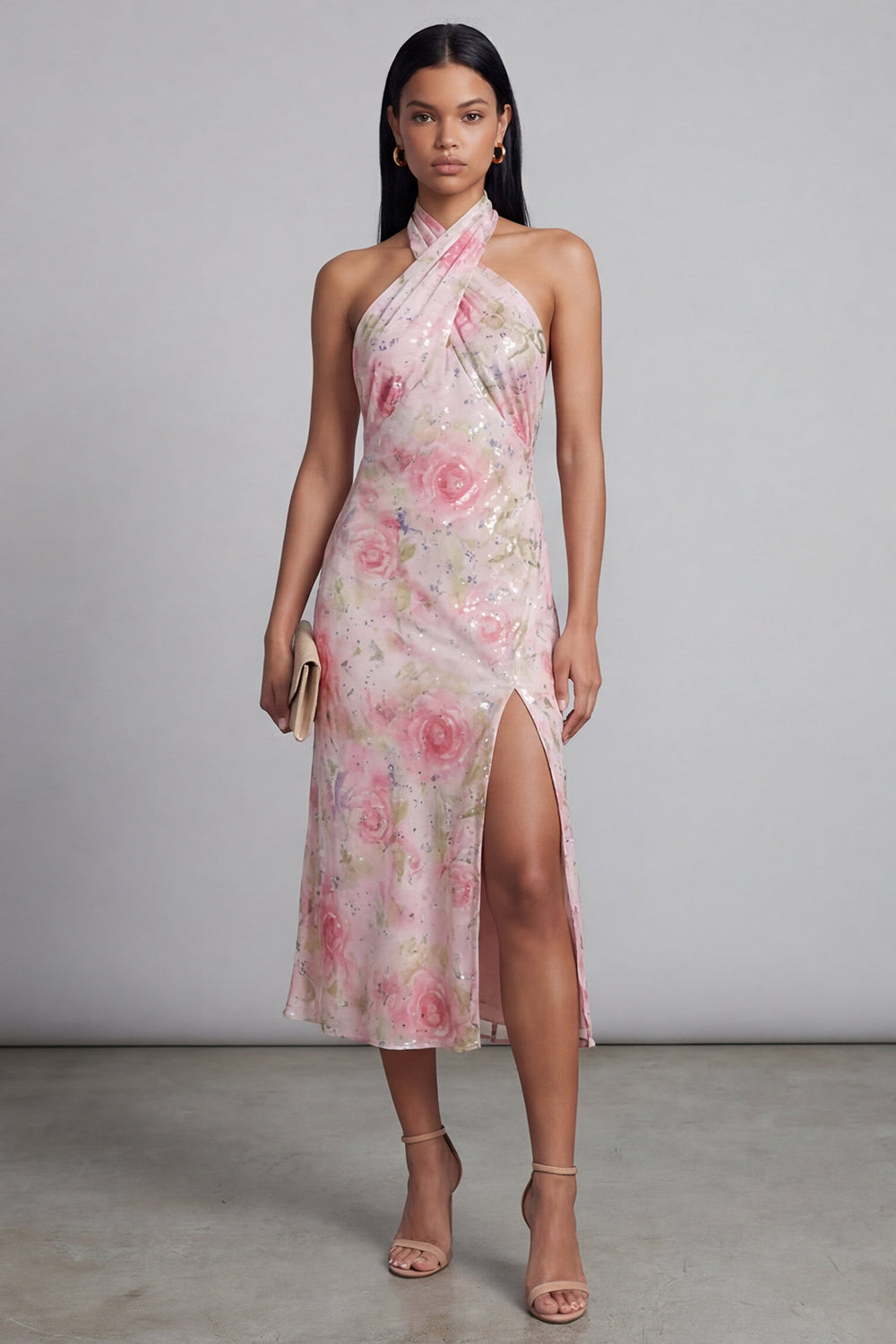 Vestido midi ceñido floral de tul rosa brillante con cuello halter y abertura