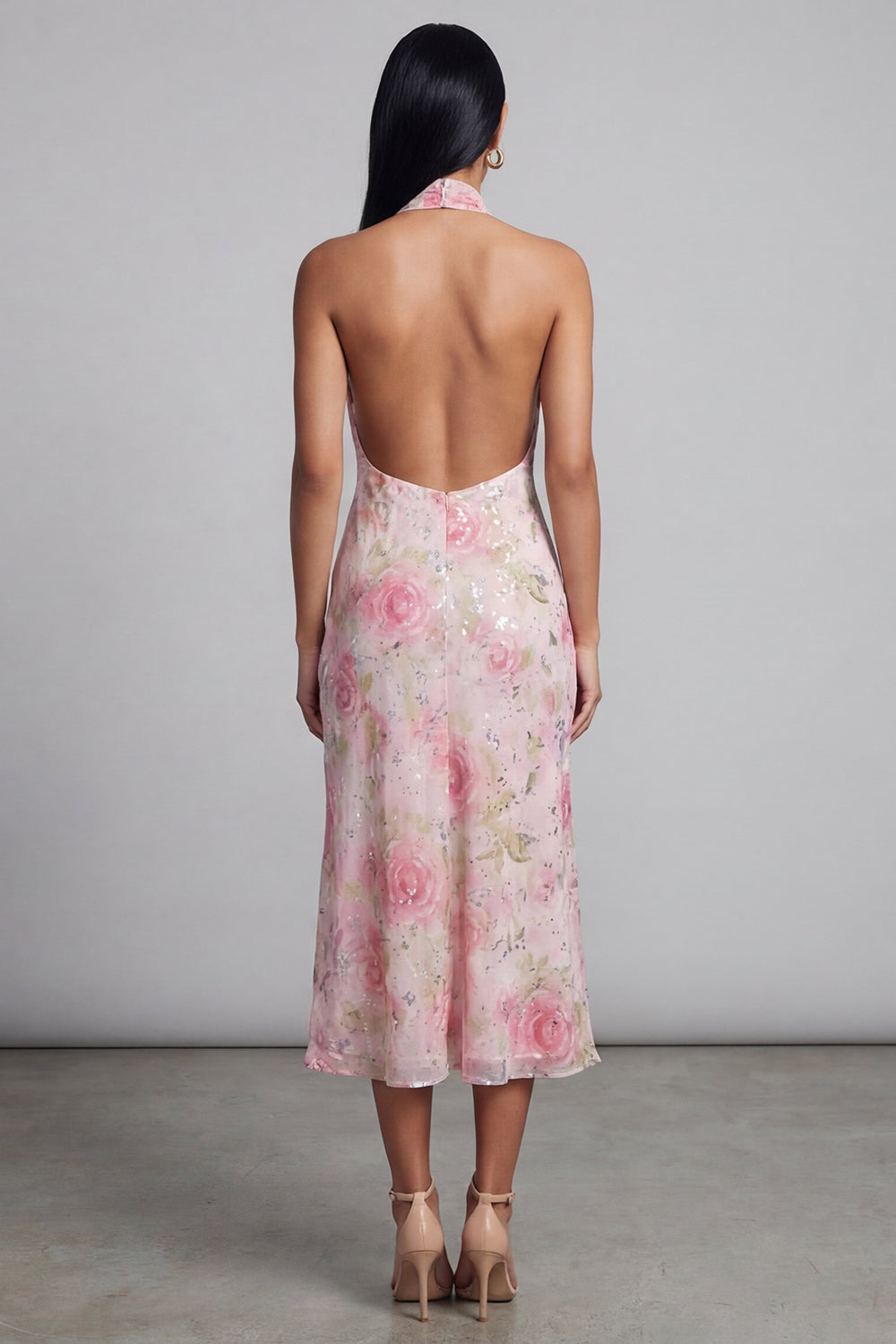 Vestido midi ceñido floral de tul rosa brillante con cuello halter y abertura