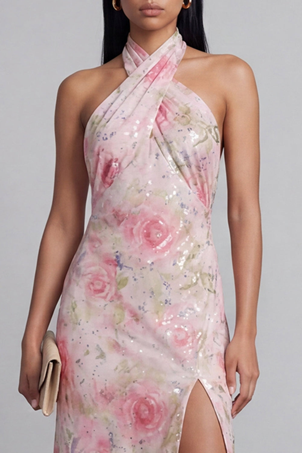 Vestido midi ceñido floral de tul rosa brillante con cuello halter y abertura
