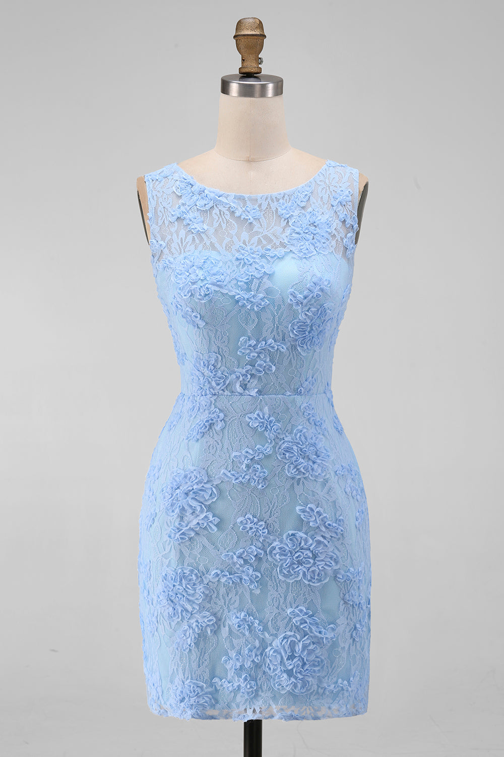 Blue Tulle Round Neck Bodycon Mini Floral Dress with Lace Appliques
