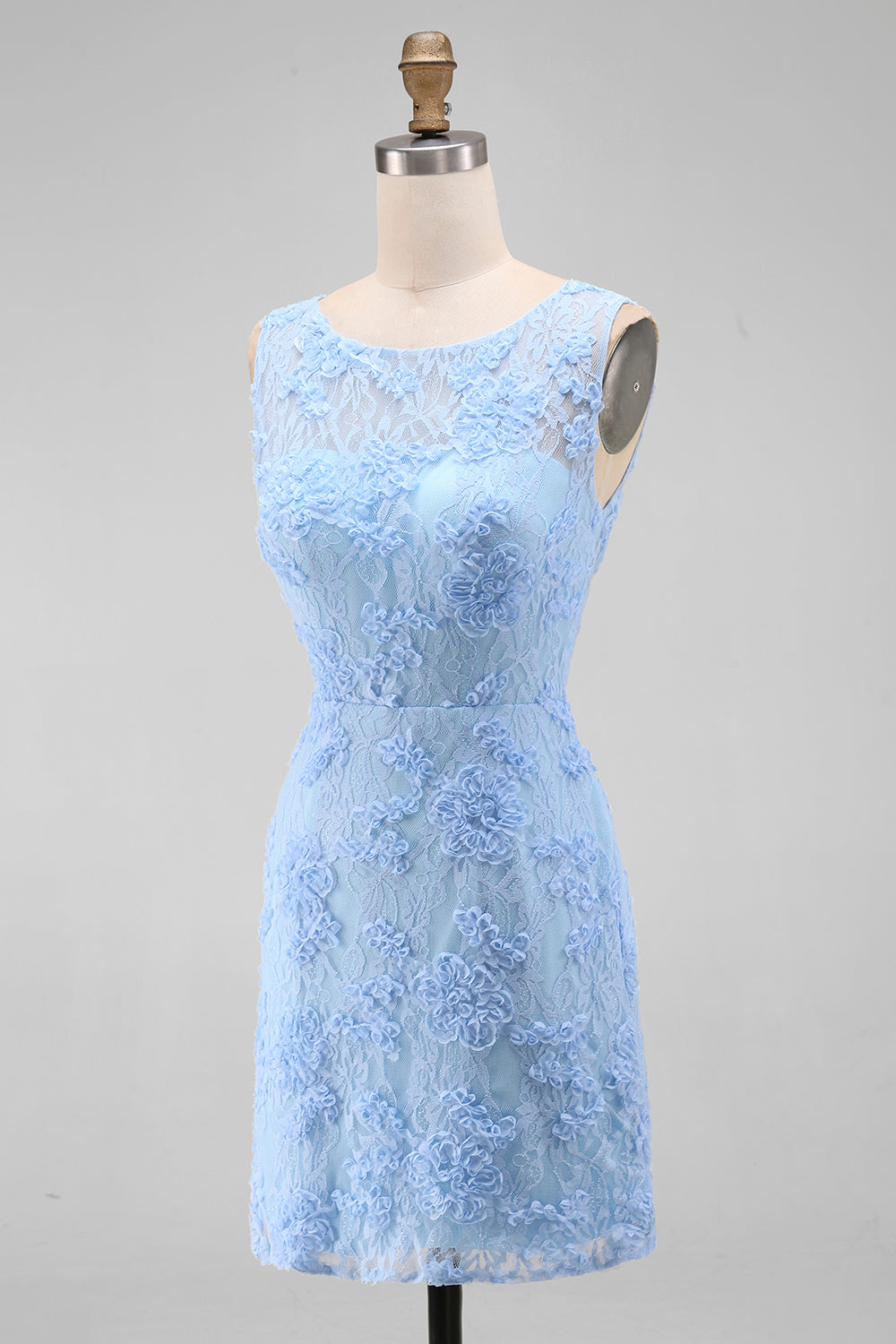 Blue Tulle Round Neck Bodycon Mini Floral Dress with Lace Appliques