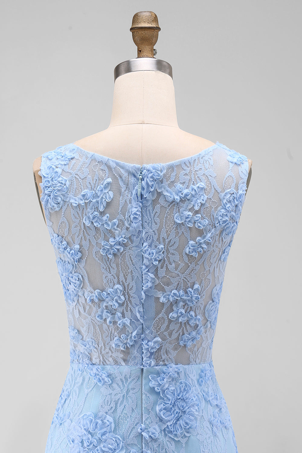Blue Tulle Round Neck Bodycon Mini Floral Dress with Lace Appliques