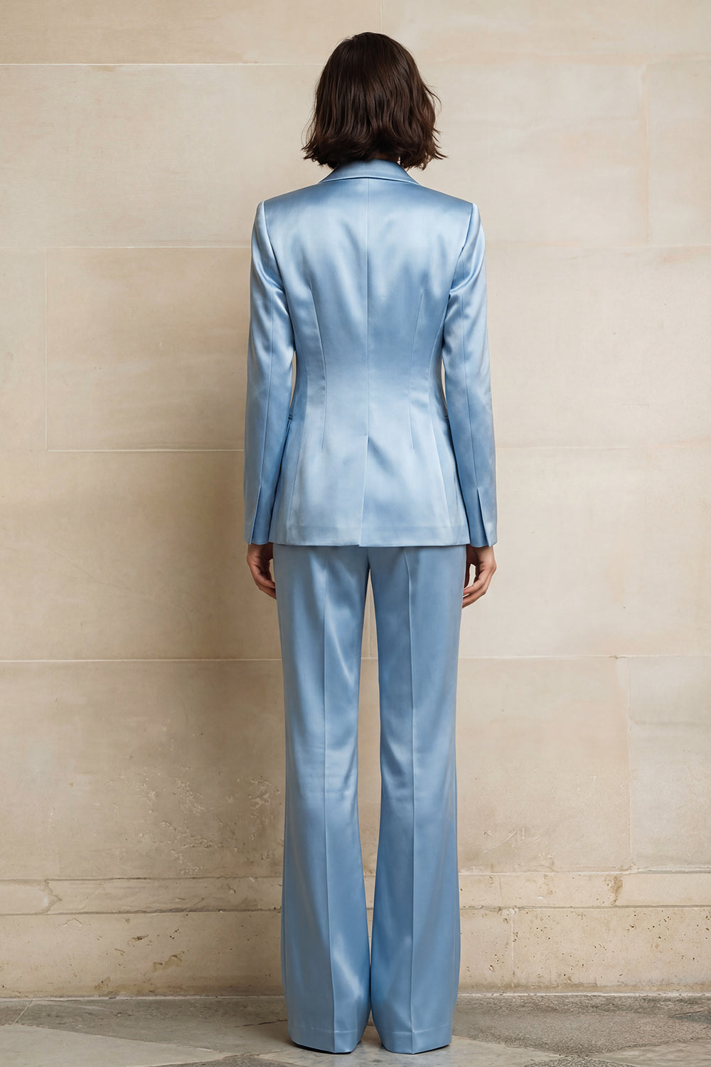 2 pièces costume femme simple boutonnage revers satiné bleu avec poches