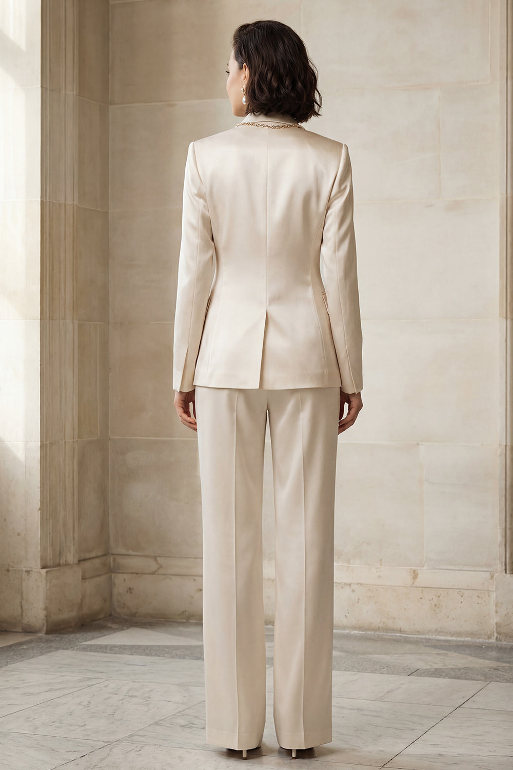 2 pièces costume femme simple boutonnage revers satiné bleu avec poches