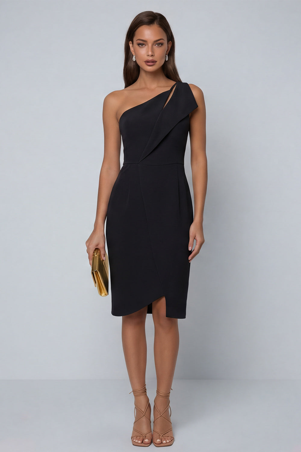 Black Bodycon One Shoulder Midi Work Dress with Slit