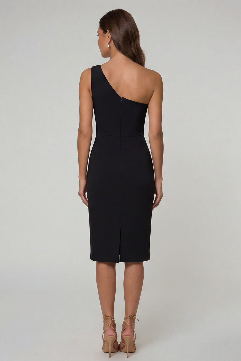Black Bodycon One Shoulder Midi Work Dress with Slit