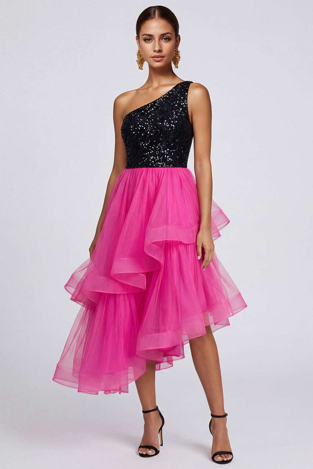 Fuchsia and Black One Shoulder Sequin Ruffled Formal Dress