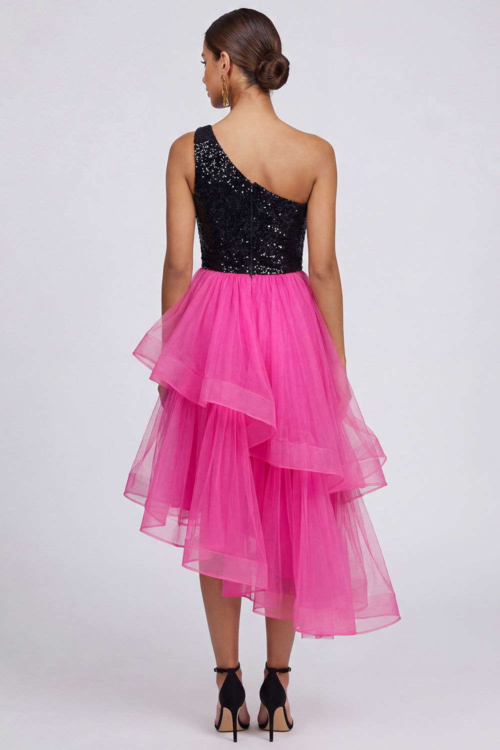 Fuchsia and Black One Shoulder Sequin Ruffled Formal Dress