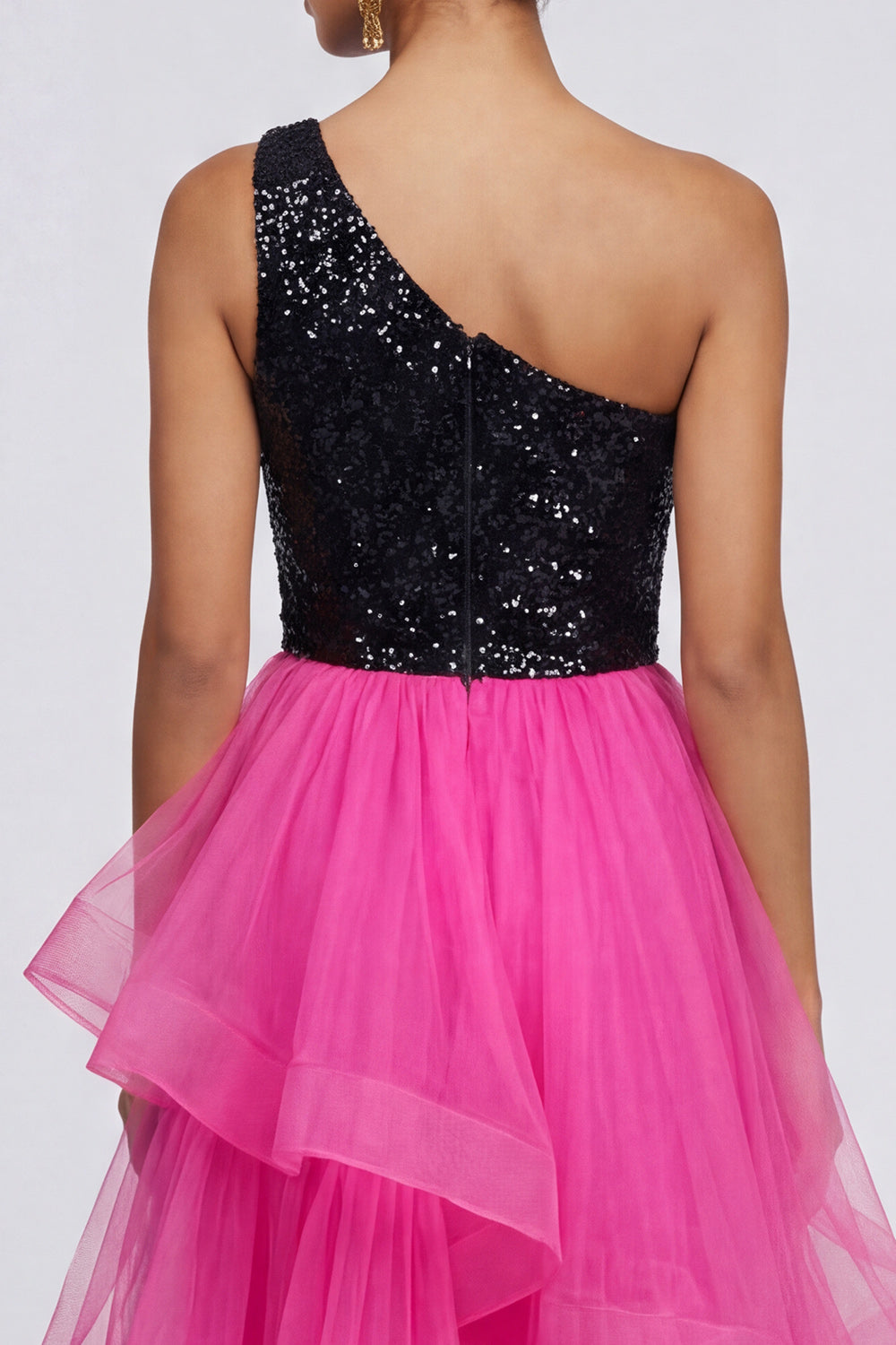 Fuchsia and Black One Shoulder Sequin Ruffled Formal Dress