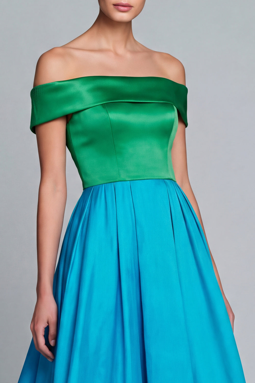 Robe de soirée asymétrique évasée en satin vert et bleu à épaules dénudées