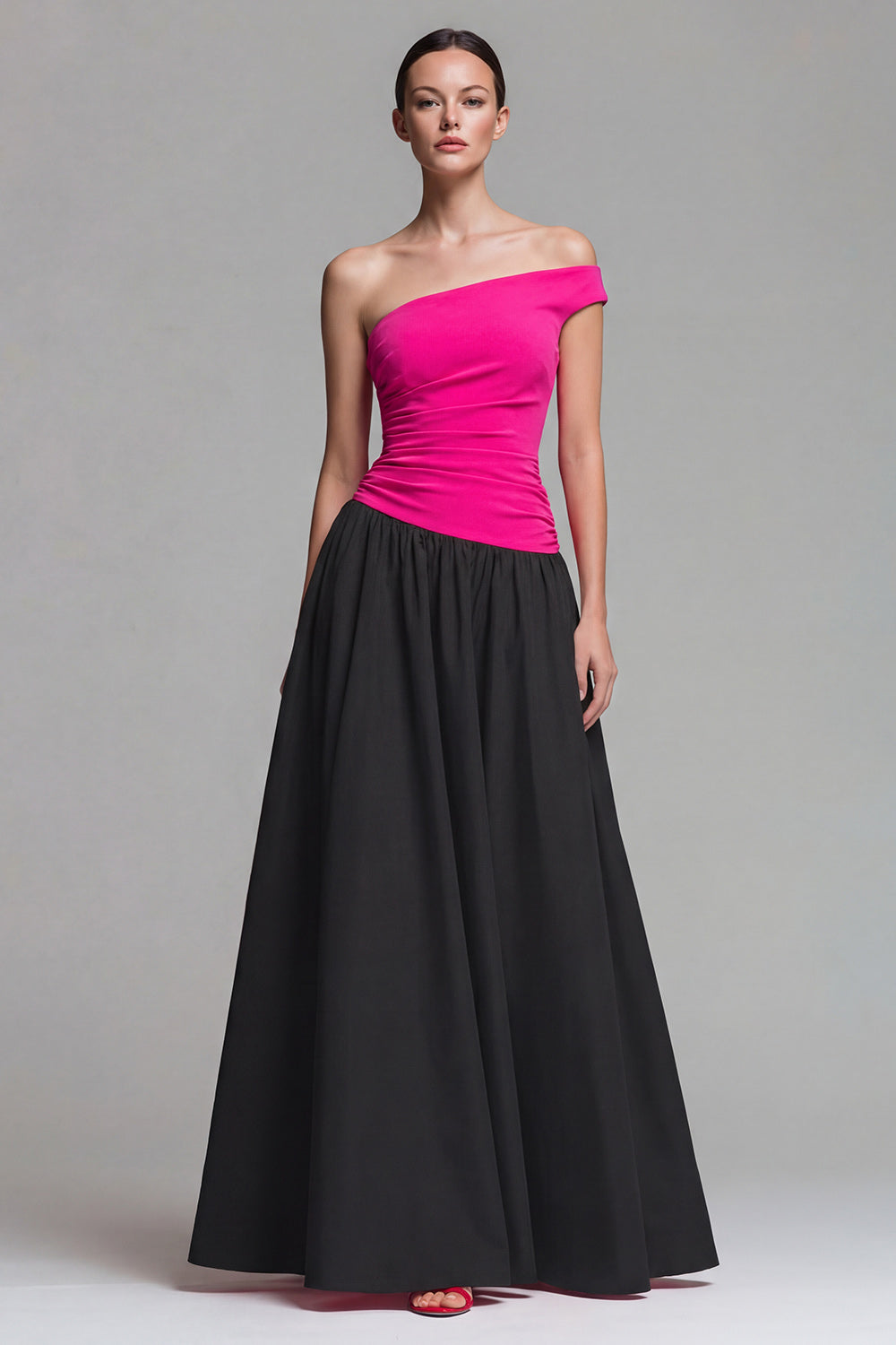 Fuchsia and Black One Shoulder A-Line Long Formal Dress