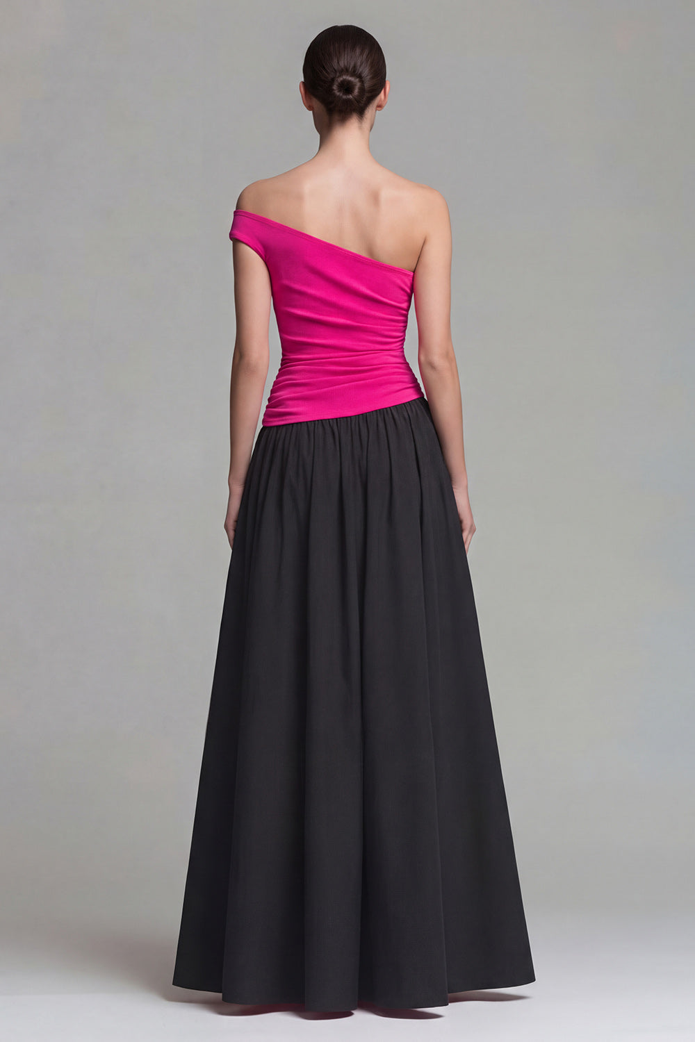 Fuchsia and Black One Shoulder A-Line Long Formal Dress