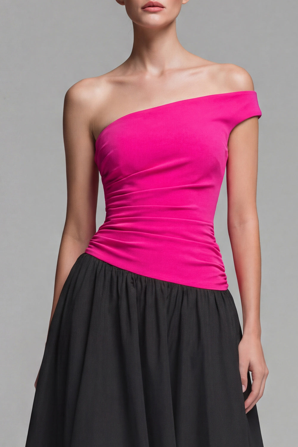 Fuchsia and Black One Shoulder A-Line Long Formal Dress